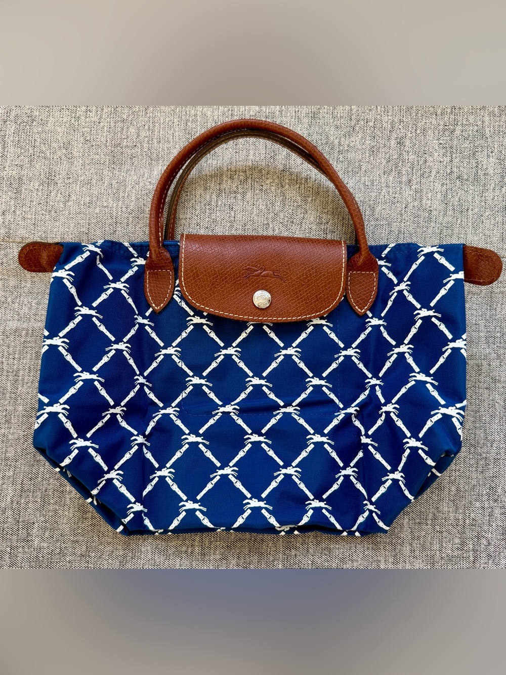 New Longchamp Le Pliage S Handbag navy nylon w white logo hand tote bag small